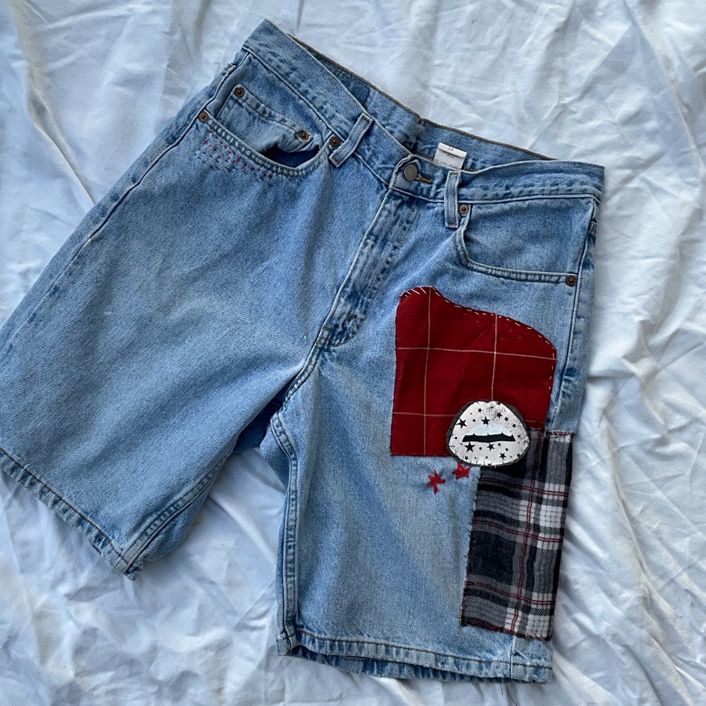 Upcycled Levi’s Jean Shorts, 33 Waist, Handstitched Patces